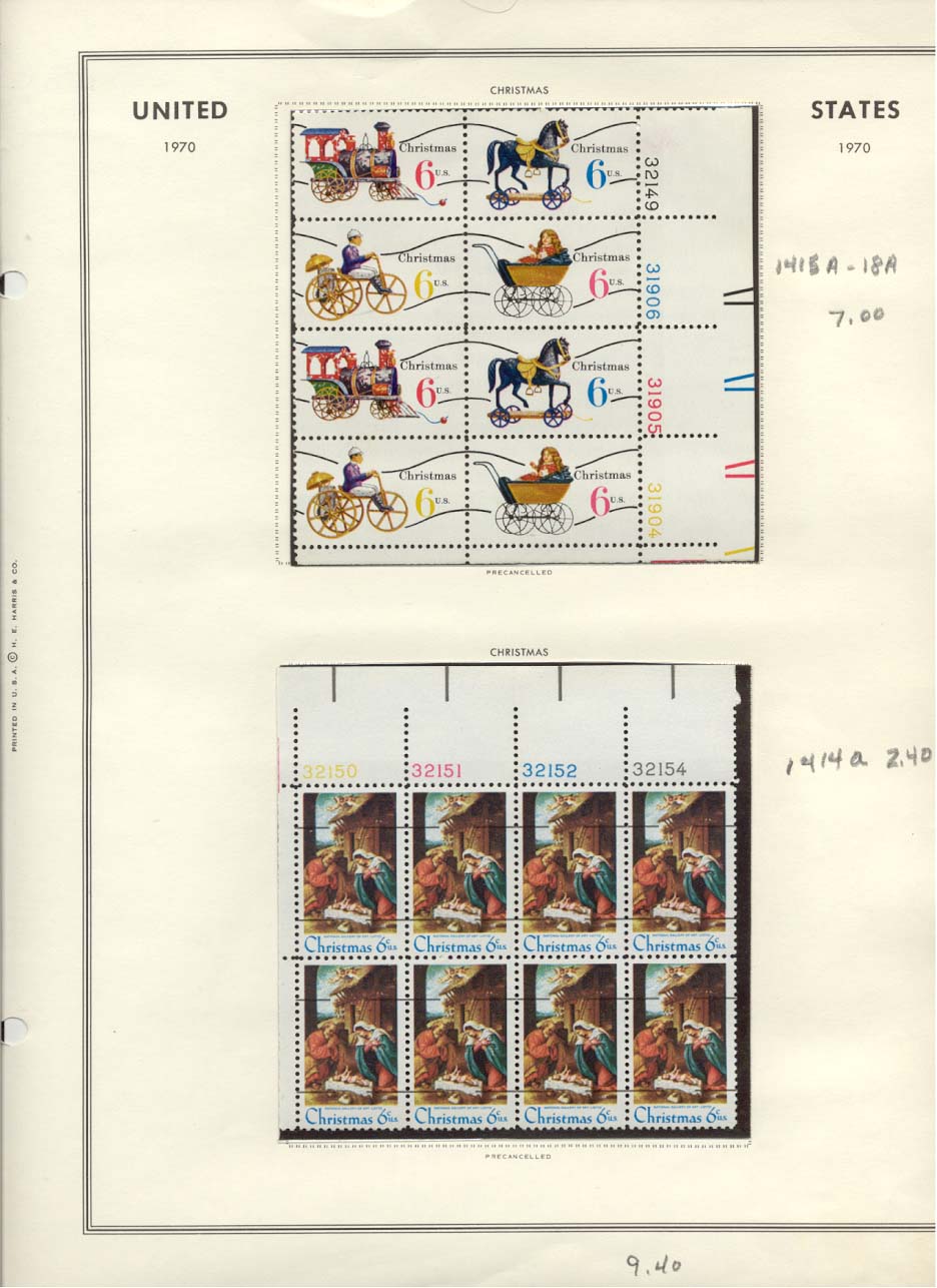 Stamp Plate Block Scott #1415A-1418A & 1414a Christmas 1970