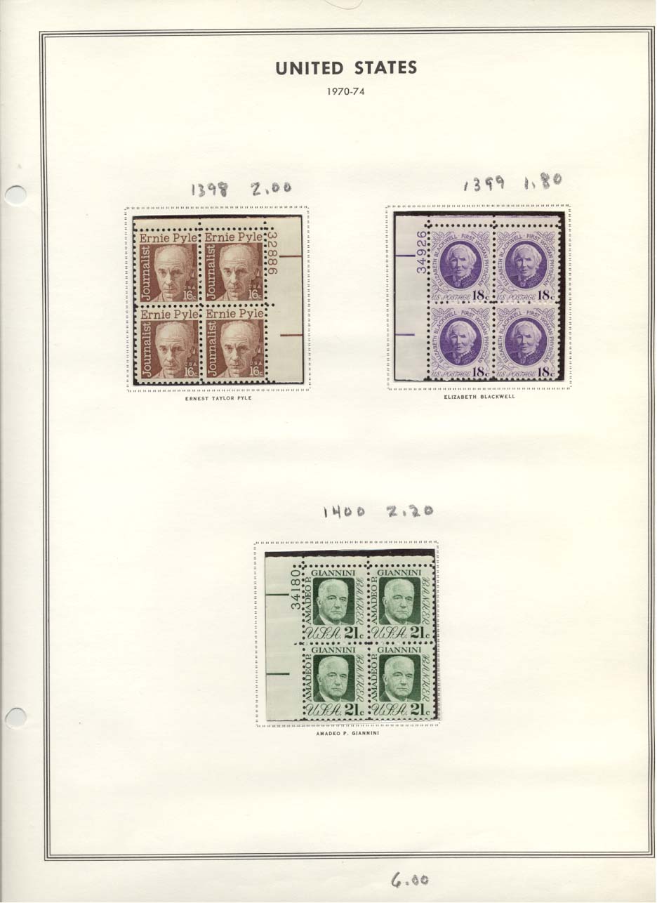 Stamp Plate Block Scott #1398 Ernest Taylor Pyle, 1399 Elizabeth Blackwell, & 1400 Amadeo Gianini