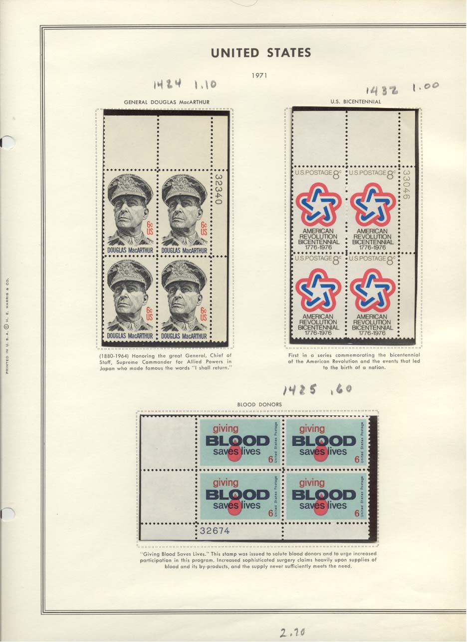 Stamp Plate Block Scott #1424 Douglas MacArthur, 1432 Bicentennial, & 1425 Blood Donors