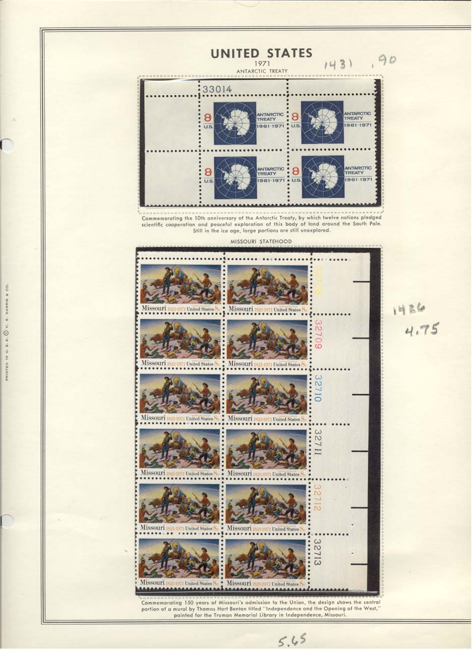 Stamp Plate Block Scott #1431 Antarctic Treaty & 1426 Missouri Statehood