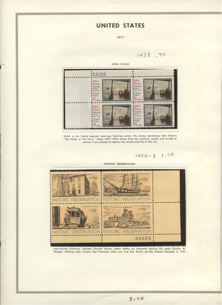 Stamp Plate Block Scott #1433 John Sloan & 1440-1443 Historic Preservation
