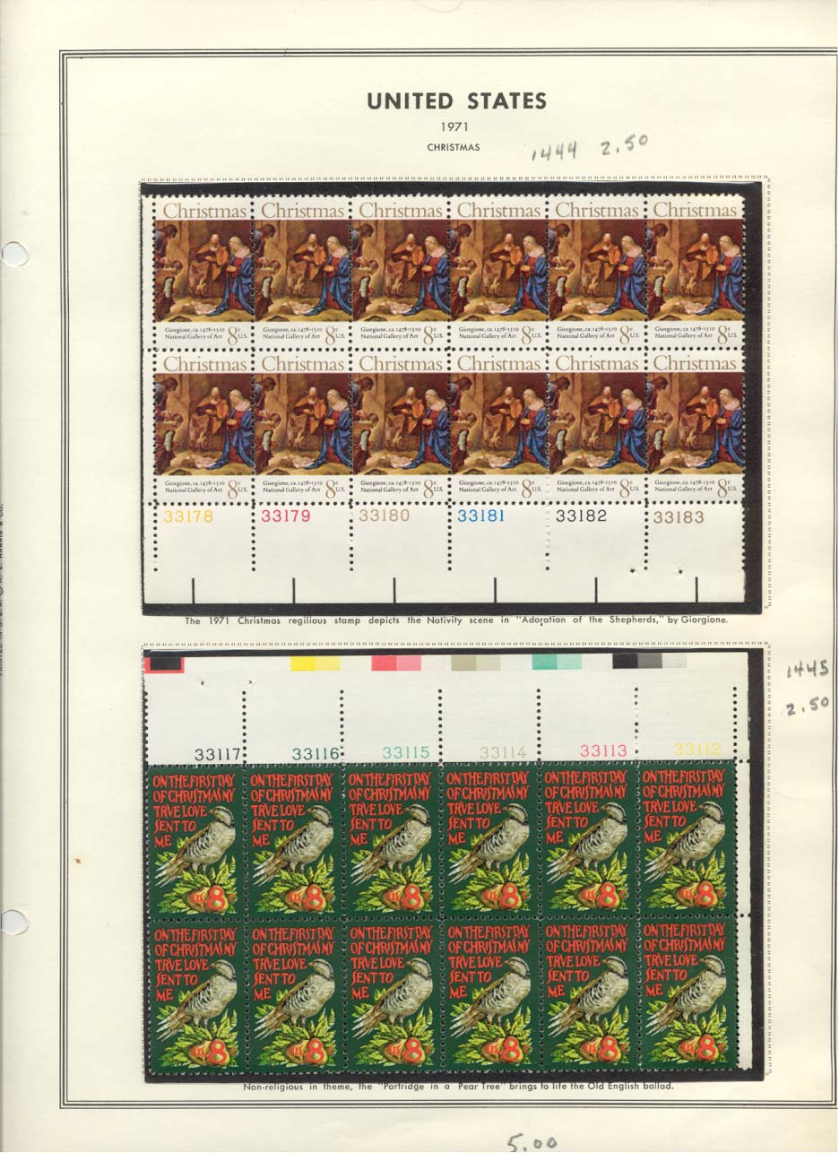 Stamp Plate Block Scott #1444 & 1445 Christmas 1971