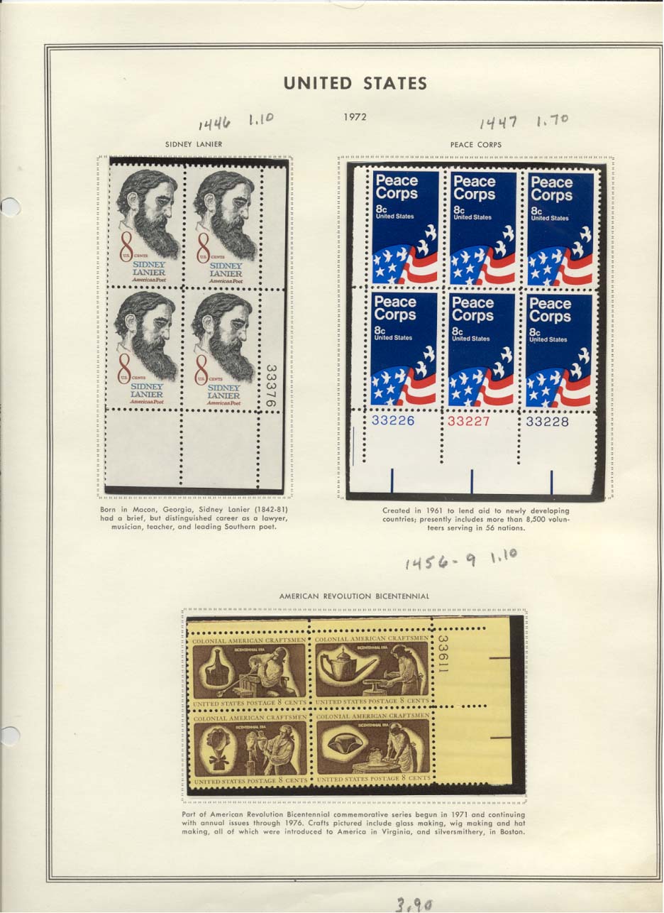 Stamp Plate Block Scott #1446 Sidney Lanier, 1447 Peace Corps, & 1456-1459 Colonial Craftsmen