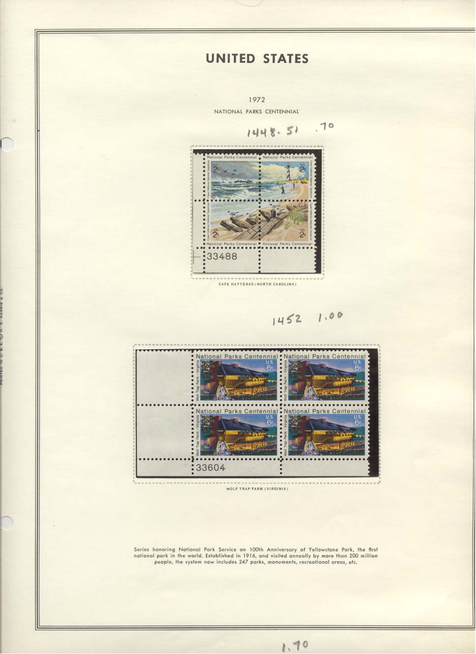 Stamp Plate Block Scott #1448-1451 Cape Hatteras & 1452 Wolf Trap Park