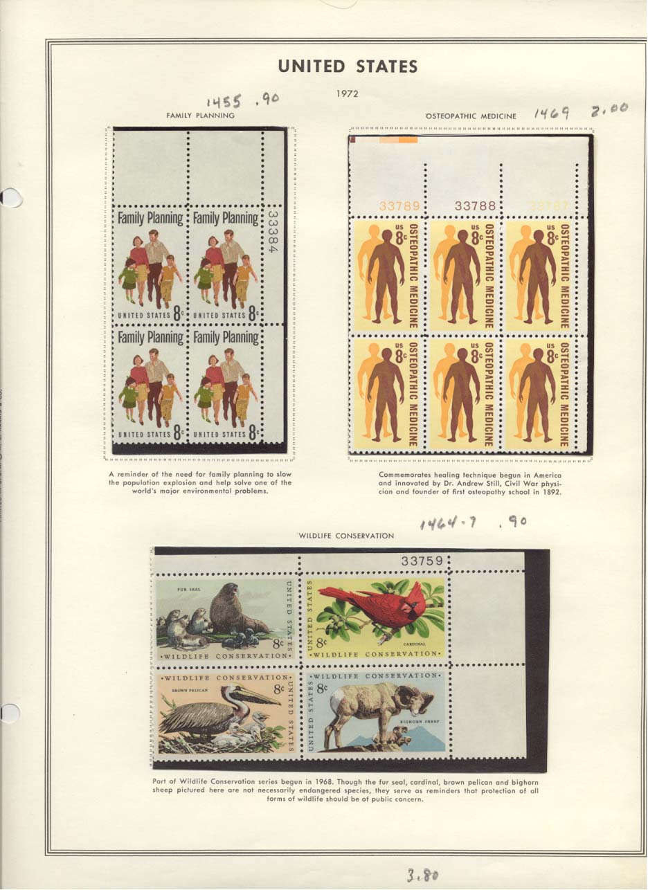 Stamp Plate Block Scott #1455 Family Planning, 1469 Osteopathic Medicine, & 1464-1467 Wildlife Conservation