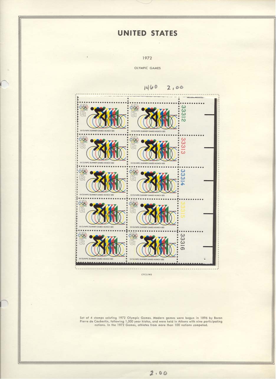 Stamp Plate Block Scott #1460 Olympics 1972 Bicycle Racing