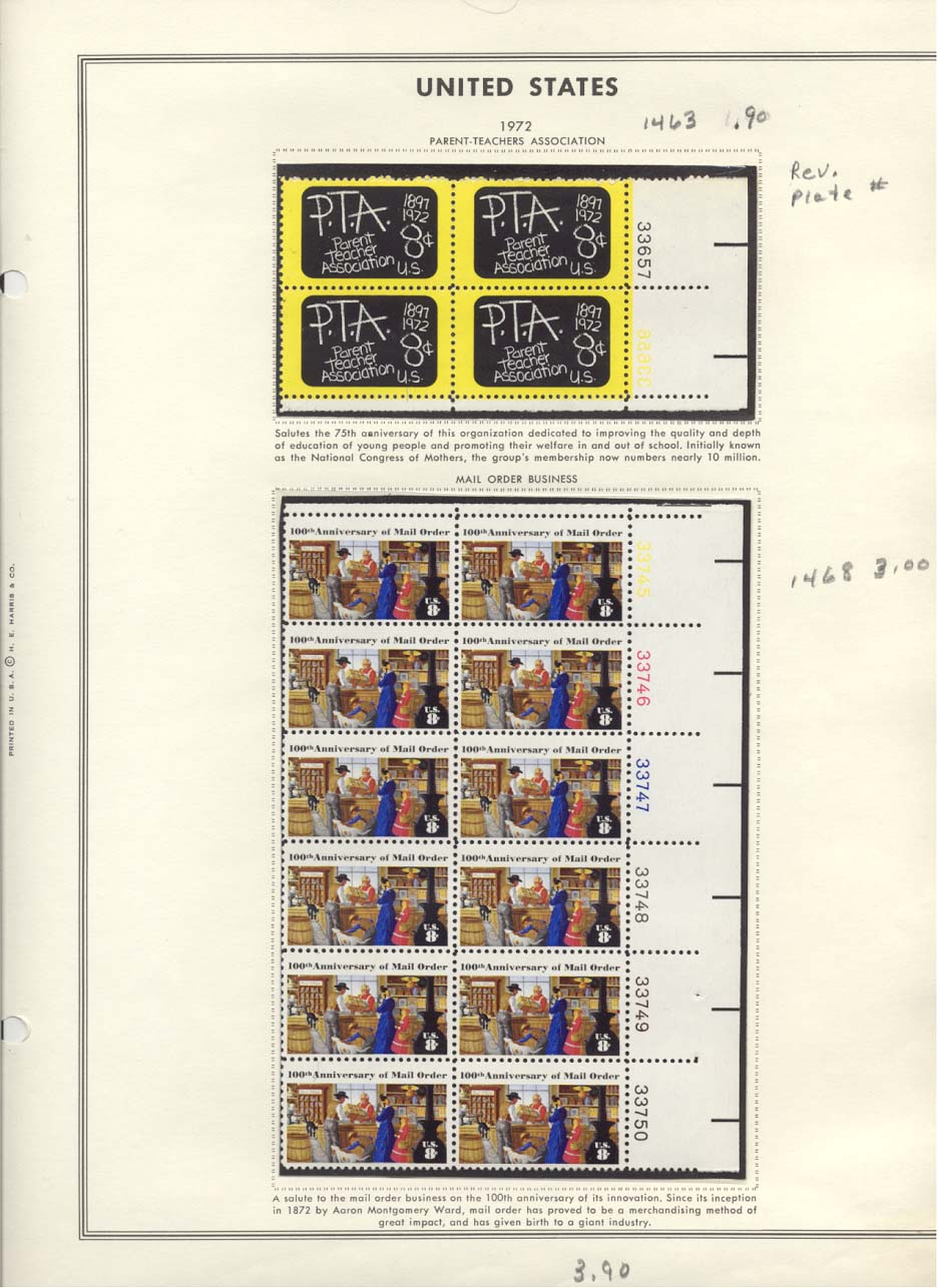 Stamp Plate Block Scott #1463 Parent Teachers Association & 1468 Mail Order Business