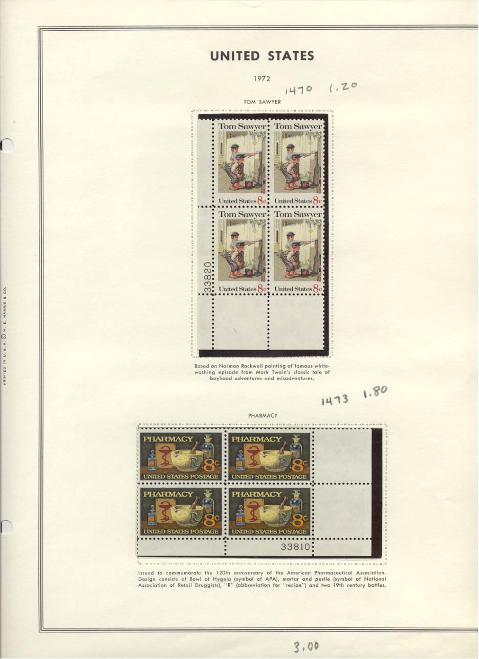 Stamp Plate Block Scott #1470 Tom Sawyer & 1473 Pharmacy