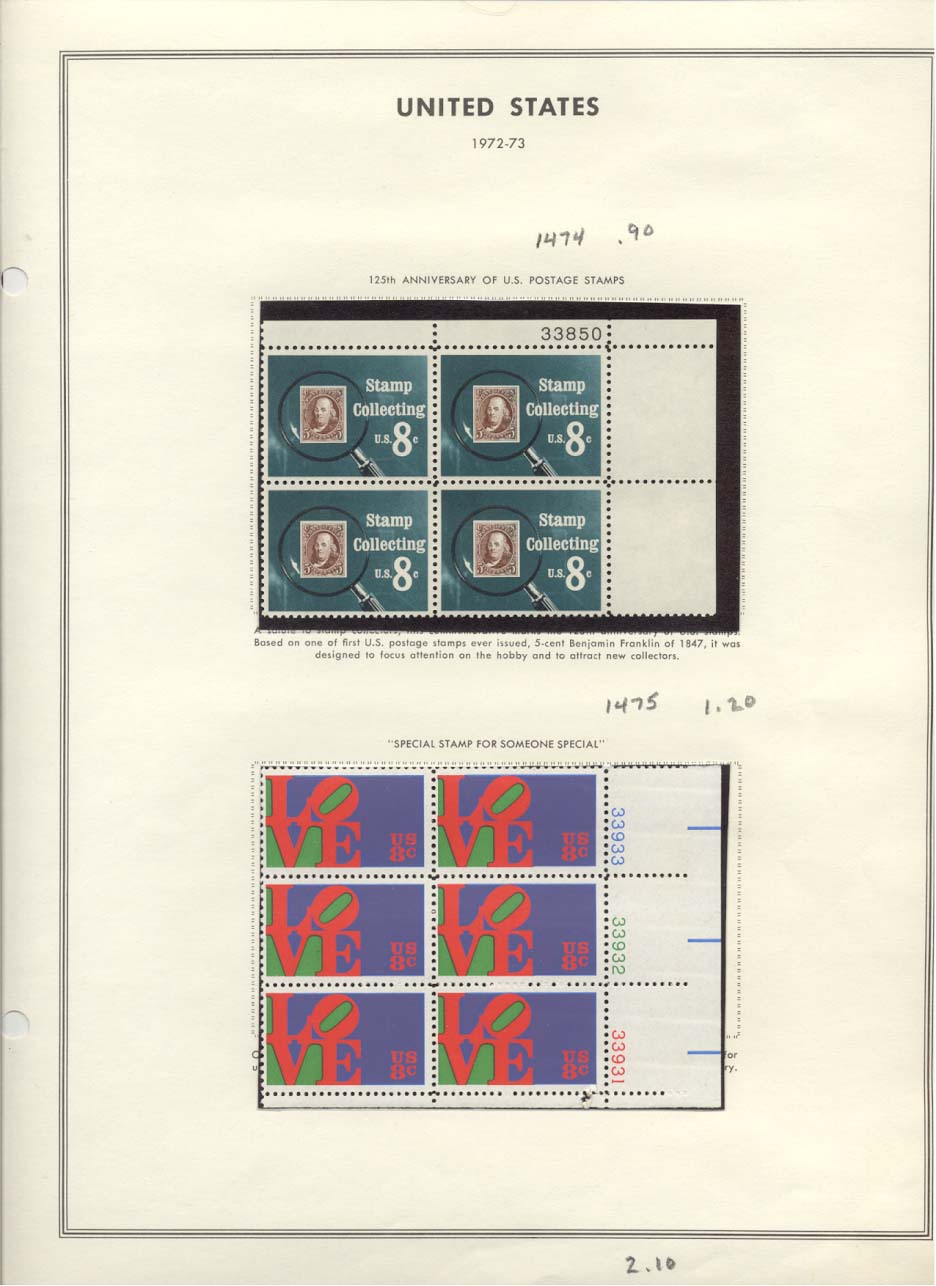 Stamp Plate Block Scott #1474 Stamp Collecting & 1475 Love Stamp