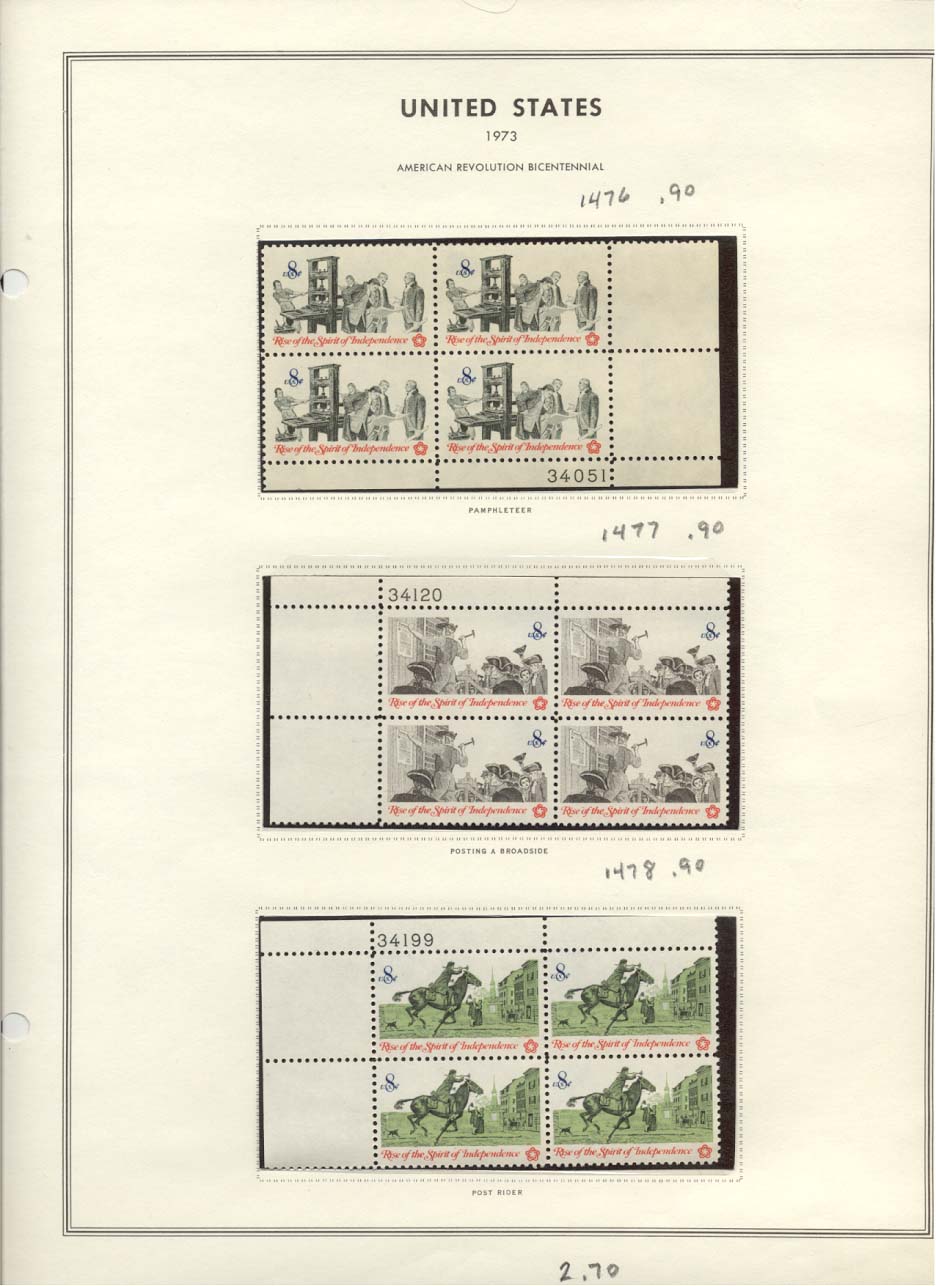 Stamp Plate Block Scott #1476 Pamphleteer, 1477 Posting a Broadside, & 1478 Post Rider