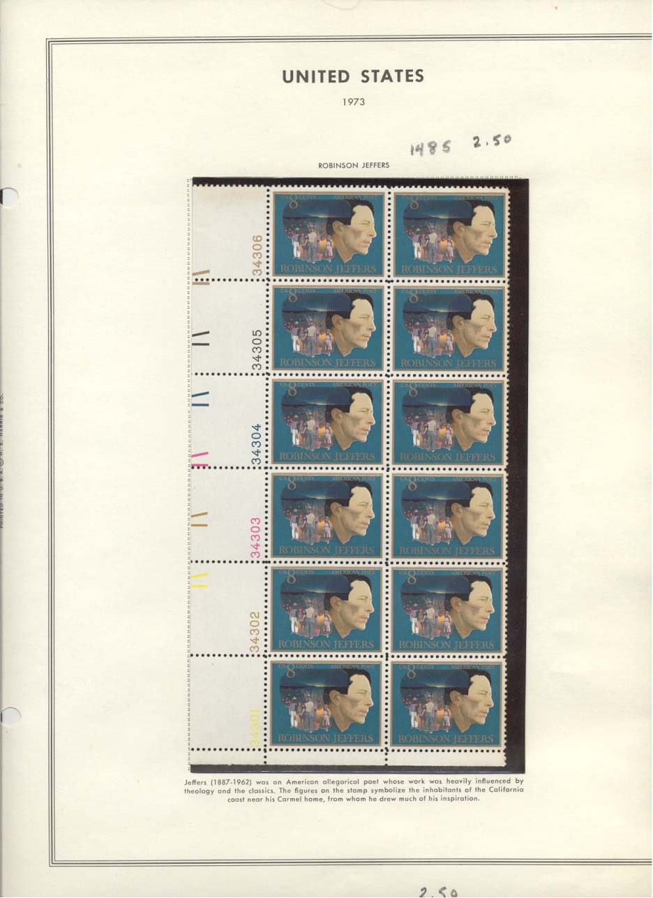 Stamp Plate Block Scott #1485 Robinson Jeffers