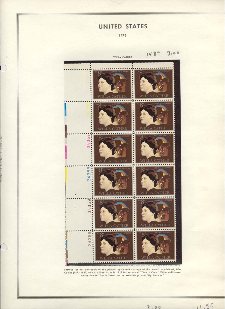 Stamp Plate Block Scott #1487 Willa Cather