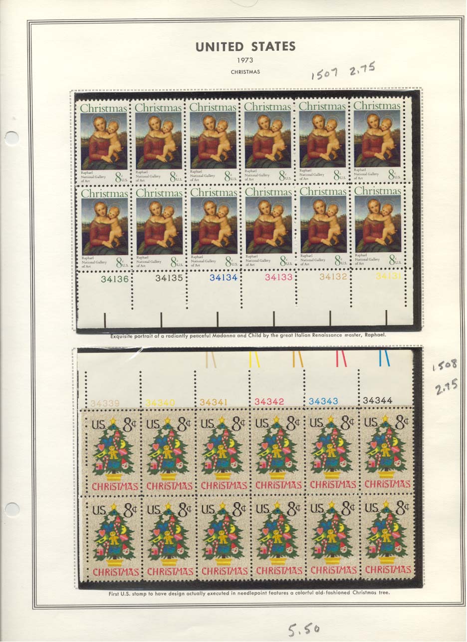 Stamp Plate Block Scott #1507 & 1508 Christmas 1973