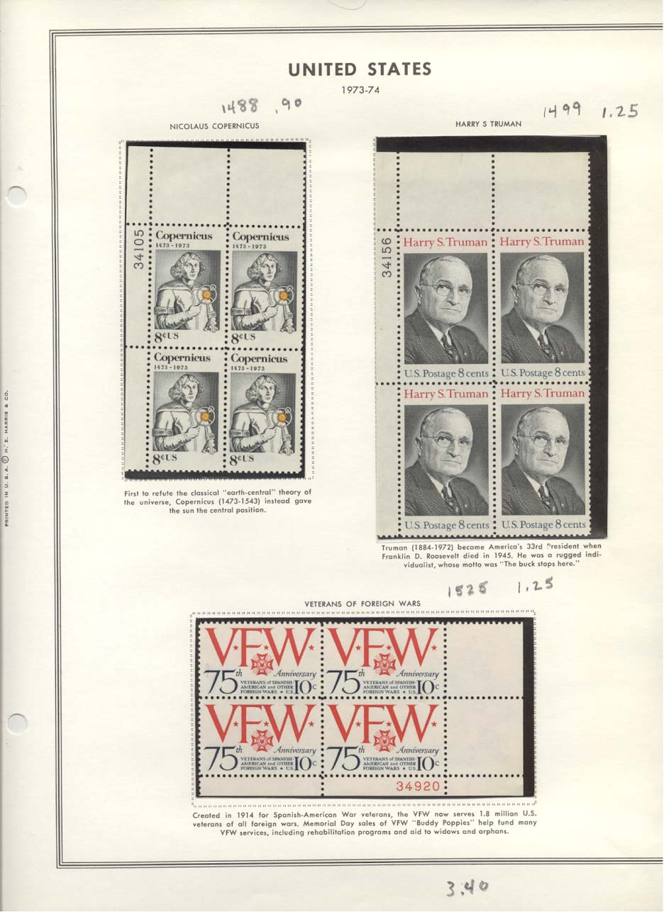 Stamp Plate Block Scott #1488 Nicolaus Copernicus, 1499 Harry Truman, & 1525 Veterans of Foreign Wars