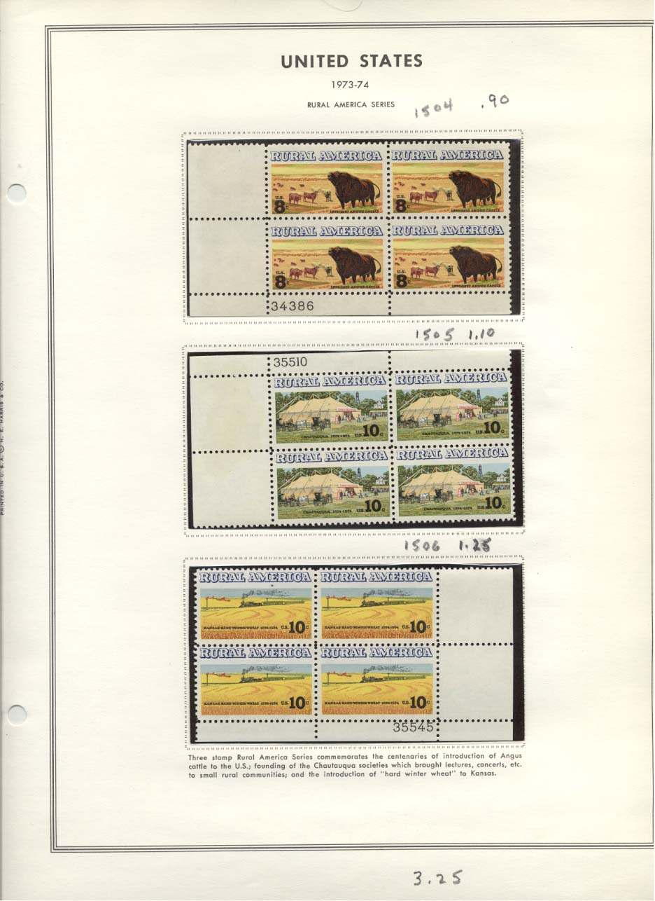 Stamp Plate Block Scott #1504, 1505, & 1506 Rural America Series