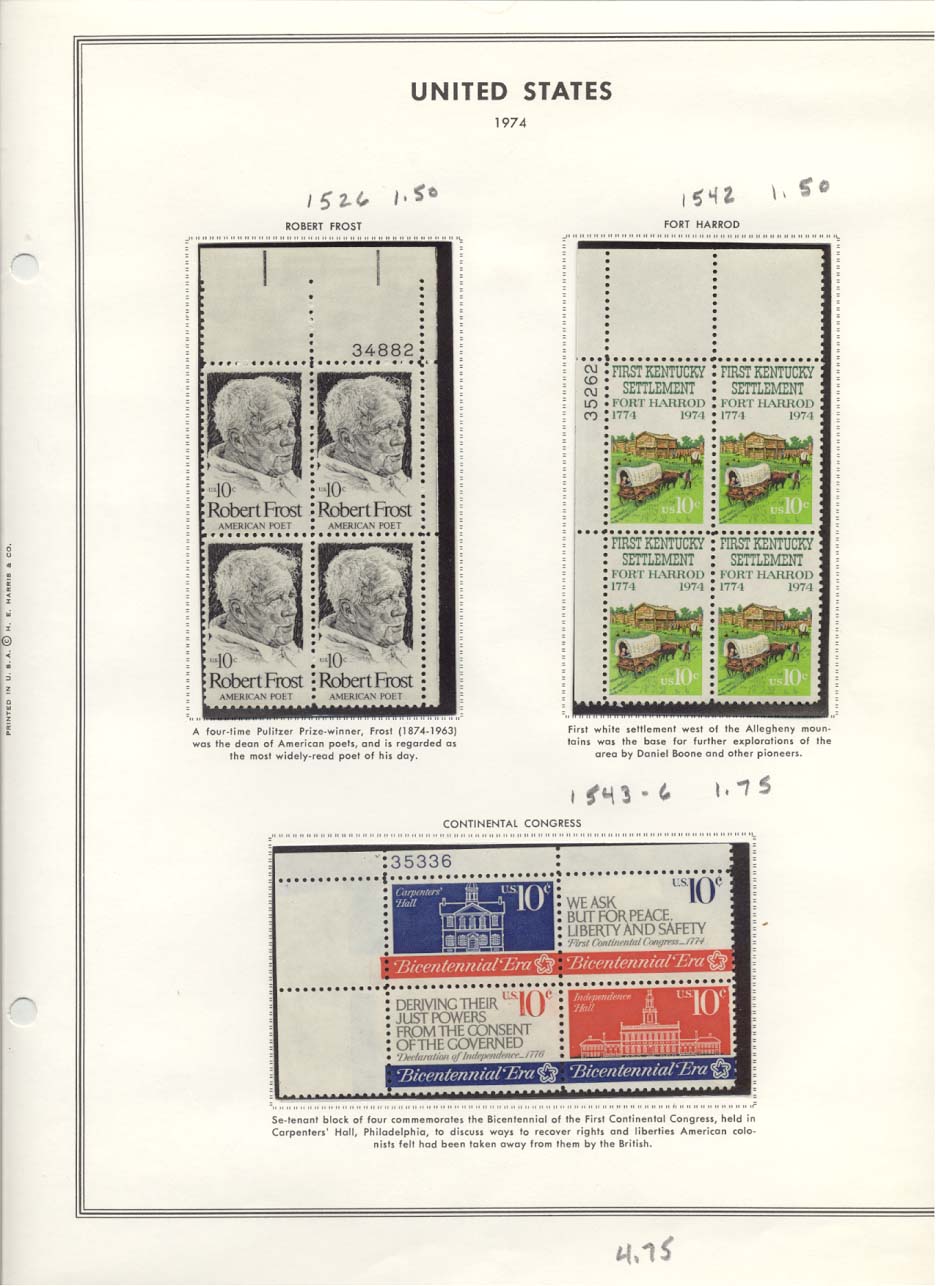 Stamp Plate Block Scott #1526 Robert Frost, 1542 Fort Harrod, & 1543-1546 Continental Congress