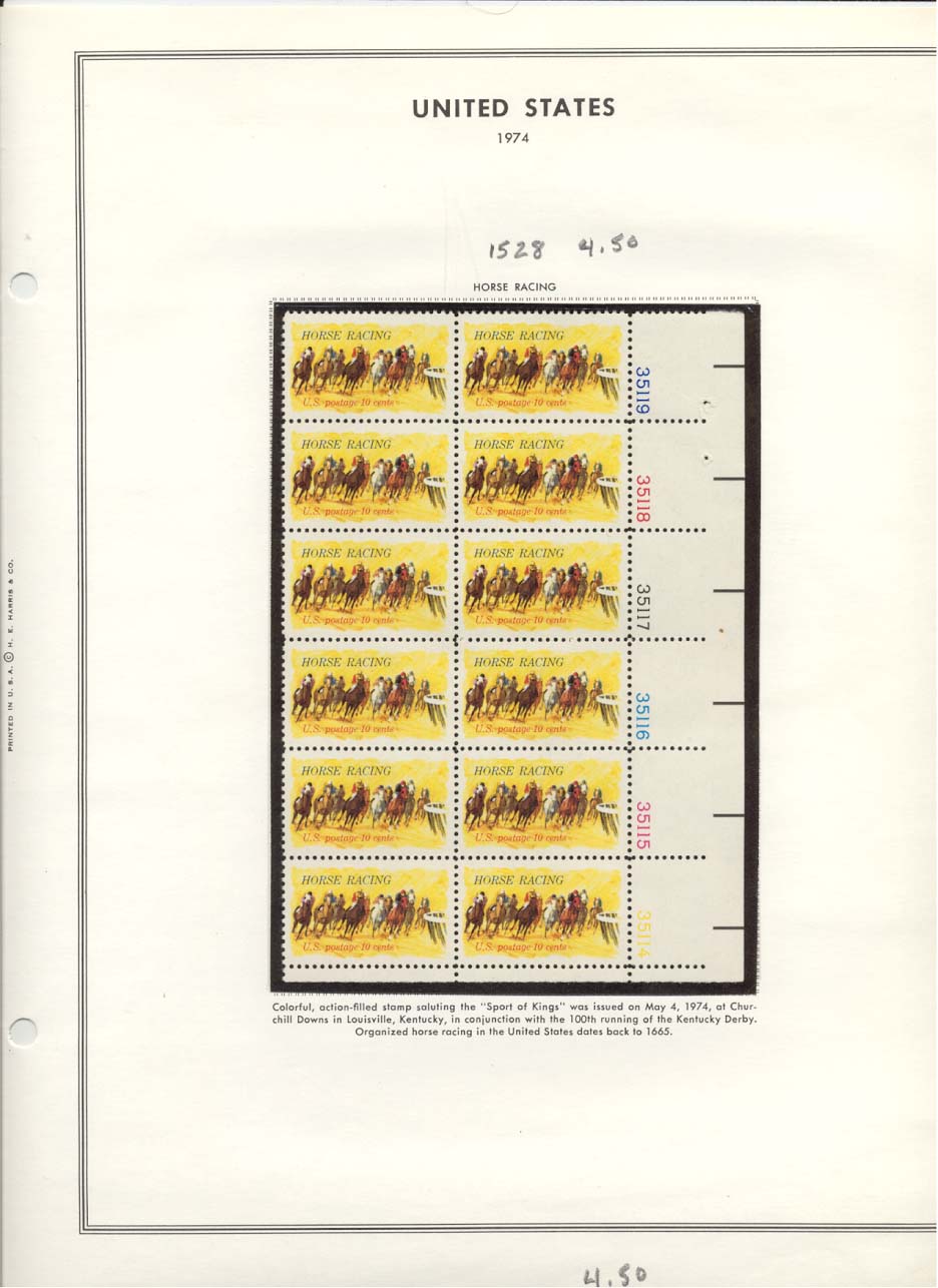 Stamp Plate Block Scott #1528 Horse Racing