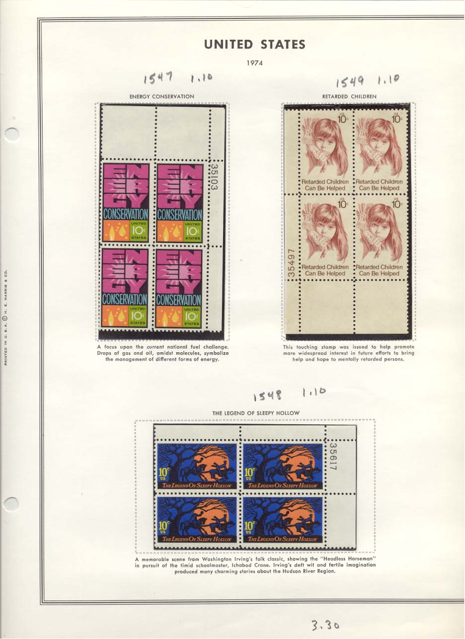 Stamp Plate Block Scott #1547 Energy Conservation, 1549 Retarded Children, & 1548 Legend of Sleepy Hollow
