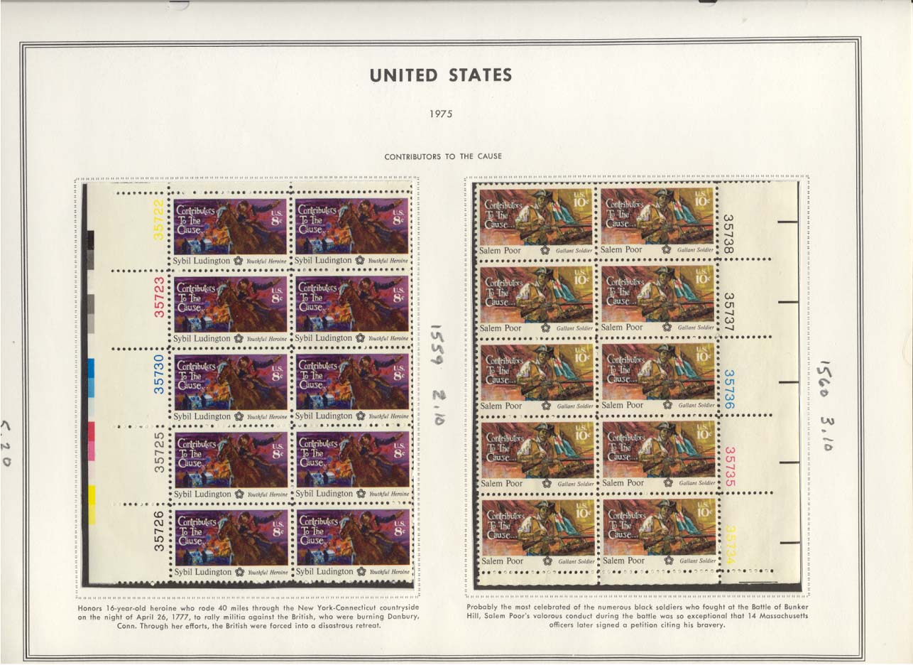 Stamp Plate Block Scott #1560 Salem Poor & 1559 Sybil Ludington
