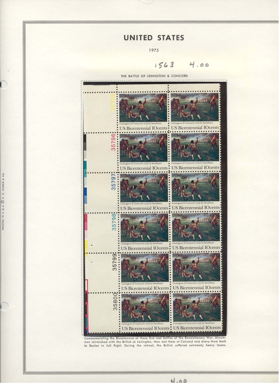 Stamp Plate Block Scott #1563 The Battle Of Lexington & Concord