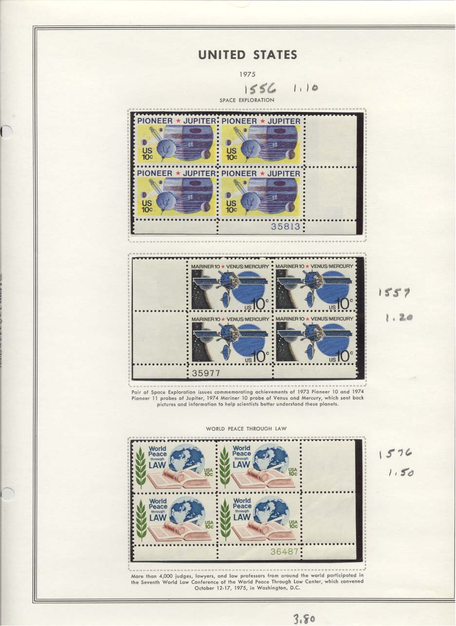 Stamp Plate Block Scott #1556 Pioneer Jupiter, 1557 Mariner 10, & 1576 World Peace Through Law