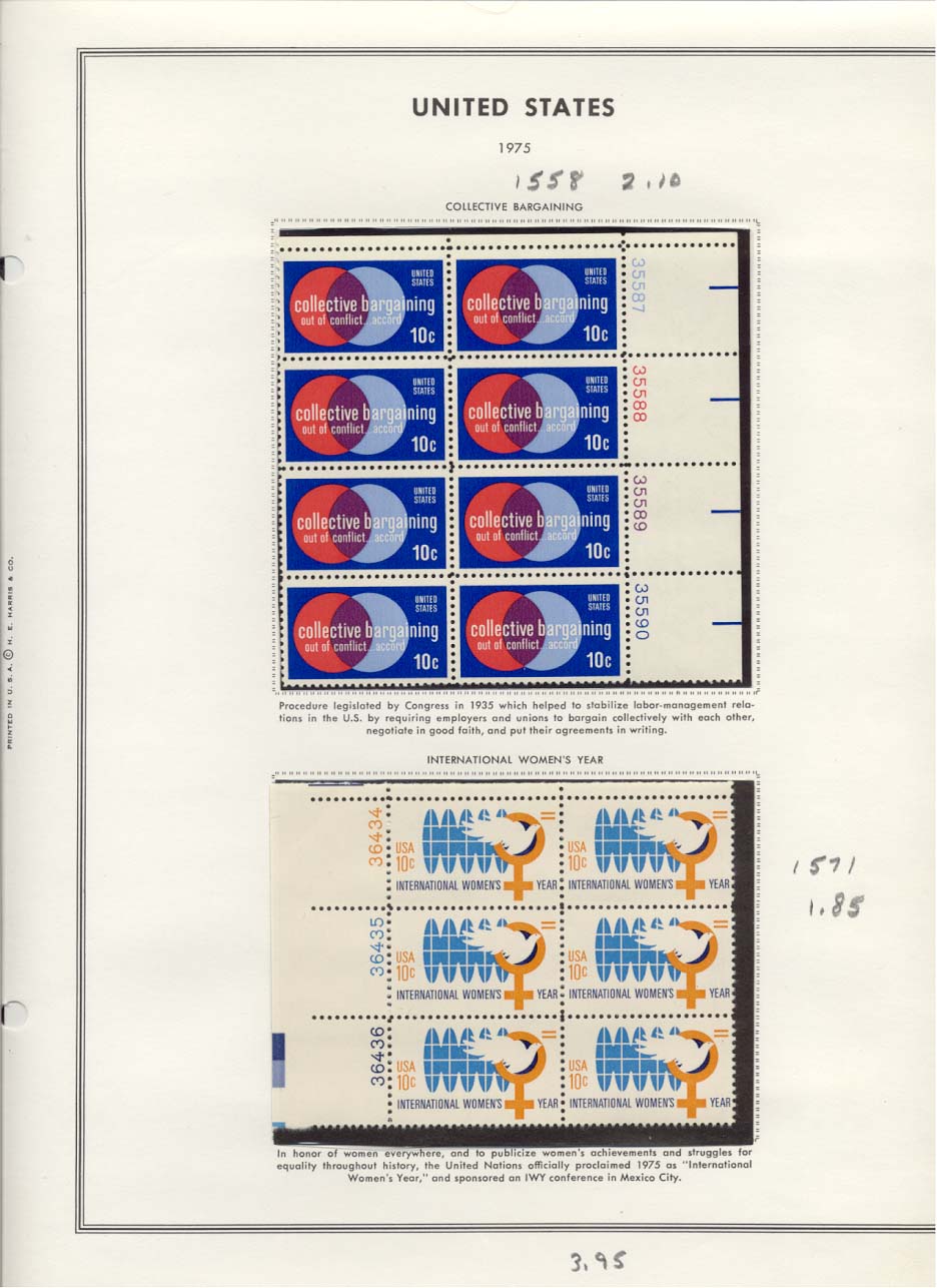 Stamp Plate Block Scott #1558 Collective Bargaining & 1571 International Women's Year