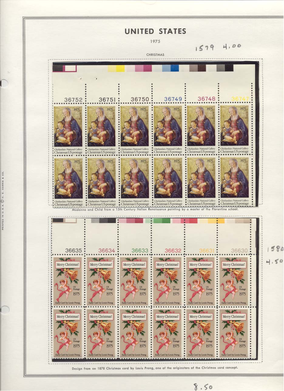 Stamp Plate Block Scott #1579 & 1580 Christmas Stamps