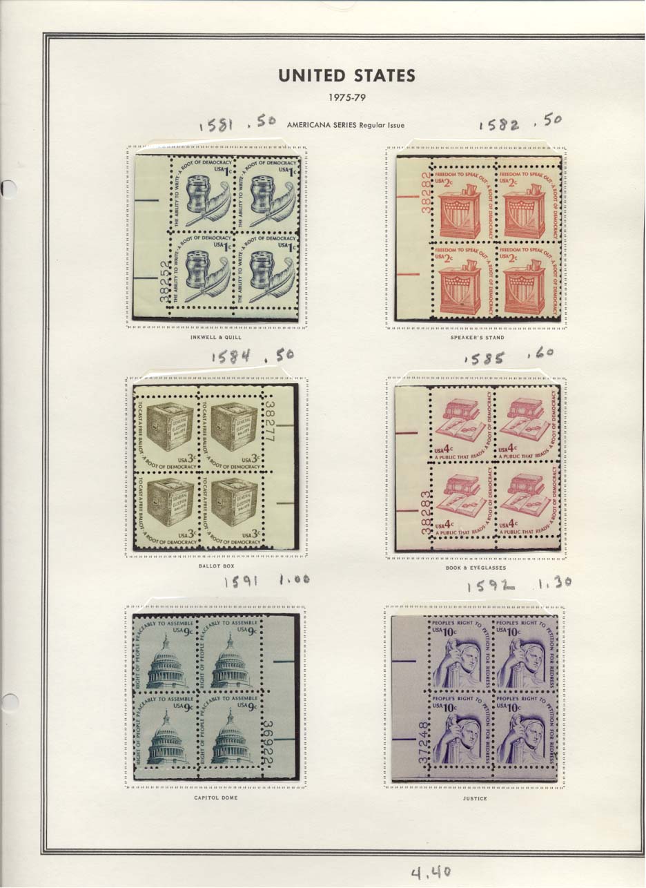 Stamp Plate Block Scott #1581 Inkwell and Quill, 1582 Speaker's Stand, 1584 Ballot Box, 1585 Book and Eyeglasses, 1591 Capitol Dome, & 1592 Justice