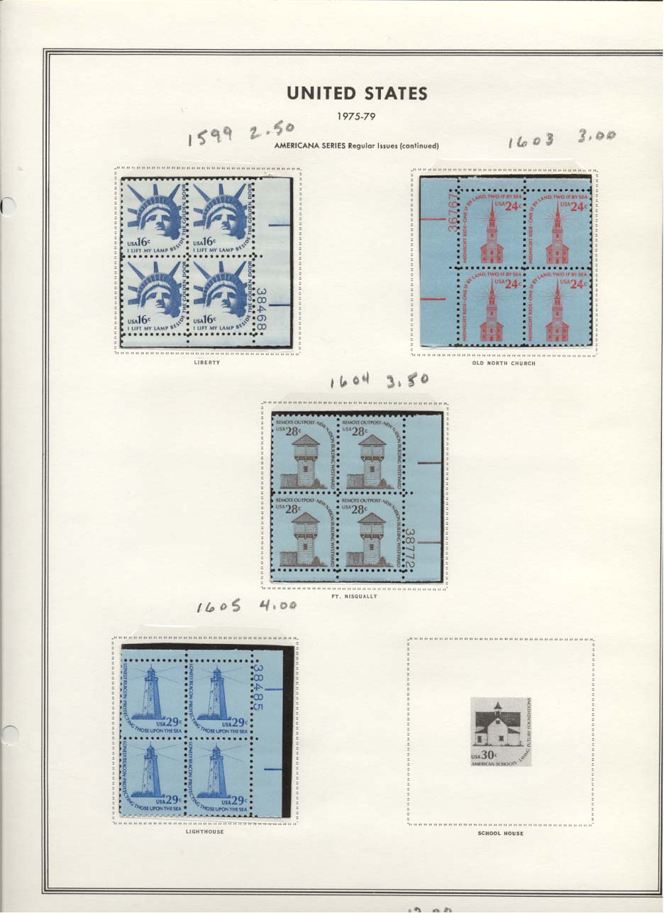 Stamp Plate Block Scott #1599 Liberty, 1603 Old North Church, 1604 Fort Nisqually, & 1605 LIghthouse