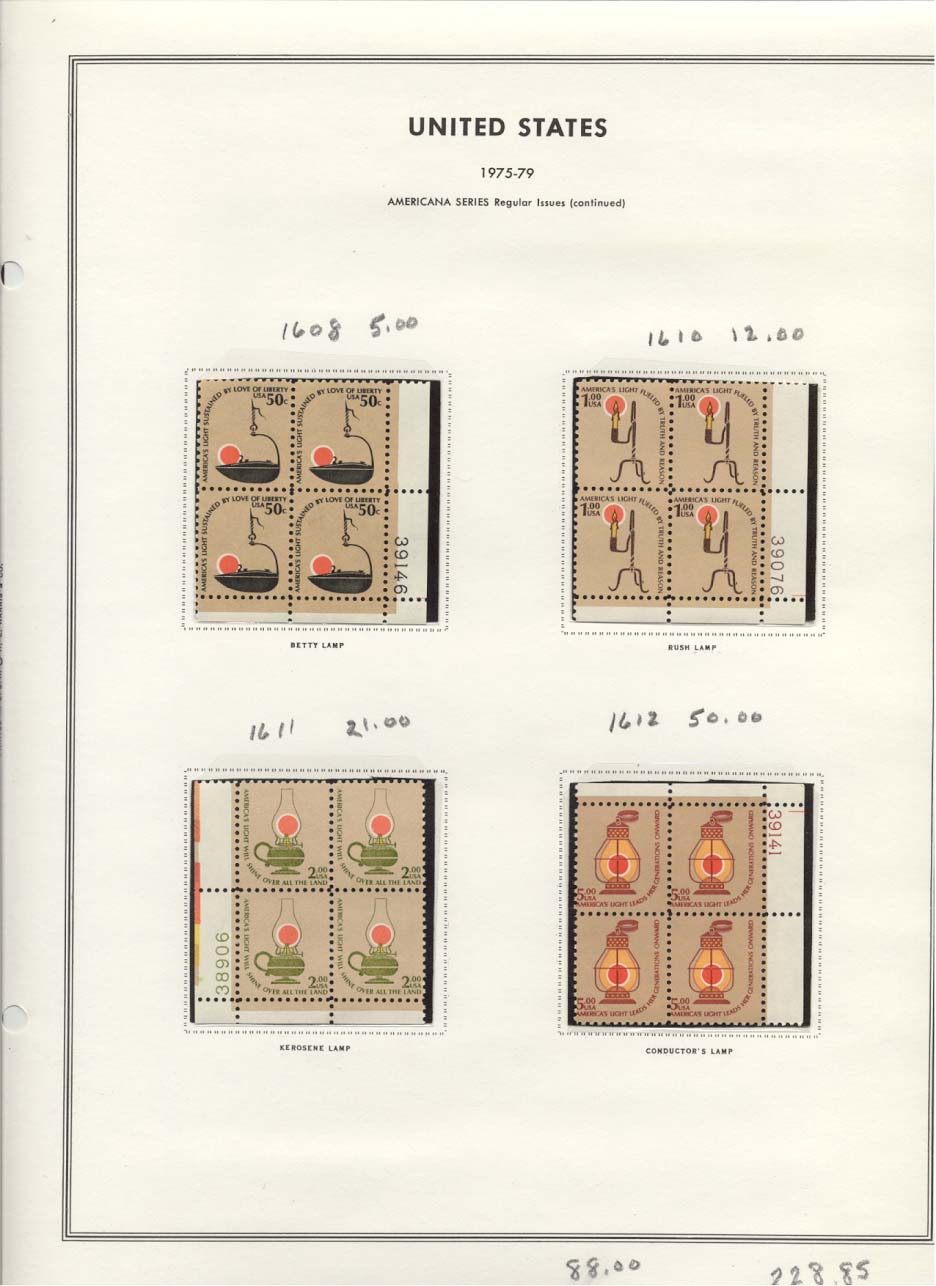 Stamp Plate Block Scott #1608 Betty Lamp, 1610 Rush Lamp, 1611 Kerosene Lamp, & 1612 Conductor's Lamp