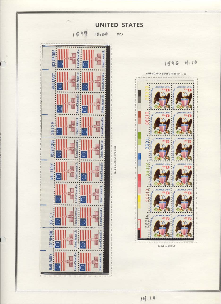 Stamp Plate Block Scott #1597 Flag and Carpenter's Hall & 1596 Americana Series