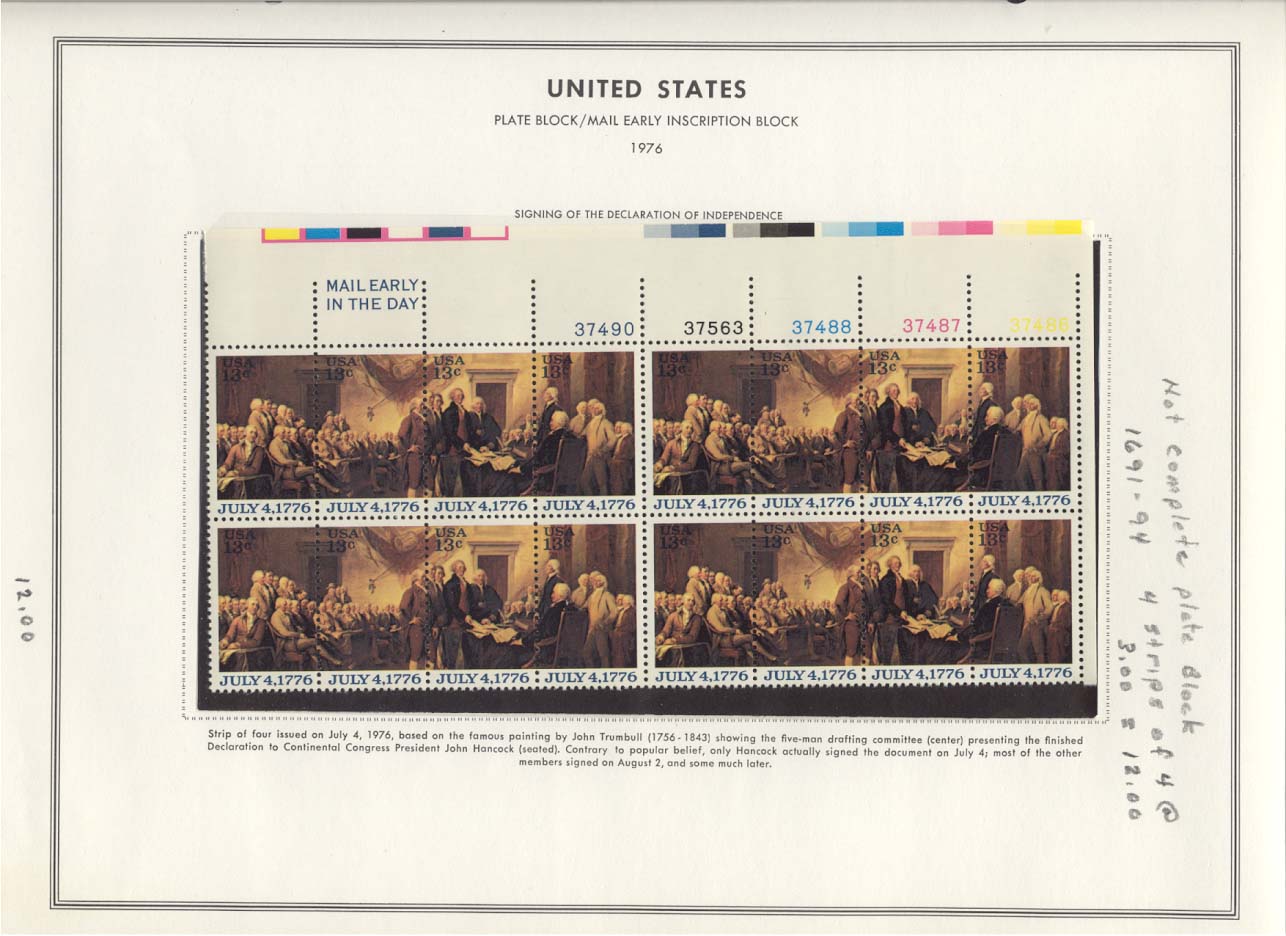 Stamp Plate Block Scott #1691-1694 July 4, 1776