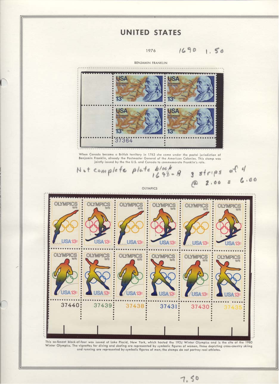 Stamp Plate Block Scott #1690 Benjamin Franklin & 1695-1698 1976 Olympics