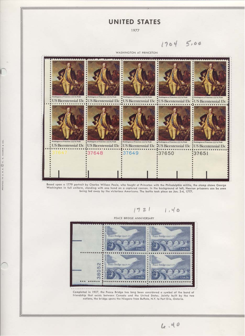 Stamp Plate Block Scott #1704 Washington at Princeton & 1721 Peace Bridge Anniversary