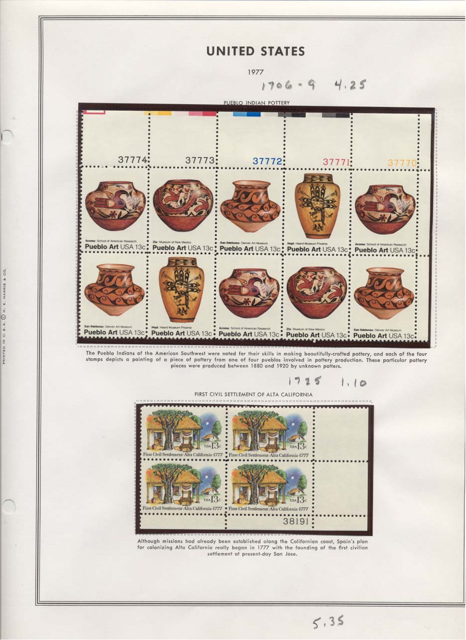 Stamp Plate Block Scott #1706-1709 Pueblo Indian Pottery & 1725 Settlement of Alta California