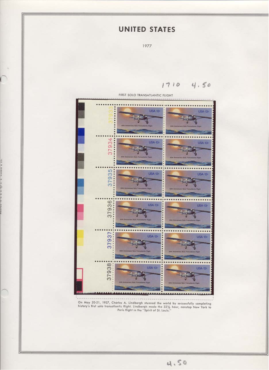 Stamp Plate Block Scott #1710 First Solo Transatlantic Flight