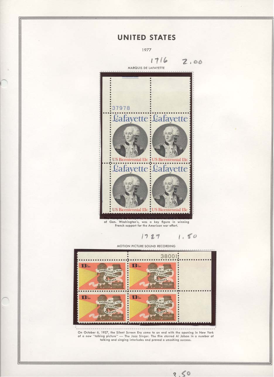 Stamp Plate Block Scott #1716 Marquis De Lafayette & 1727 Motion Picture Sound Recording