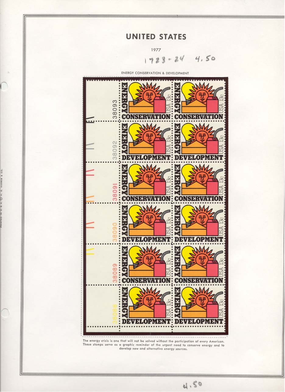 Stamp Plate Block Scott #1723-1724 Energy Conservation