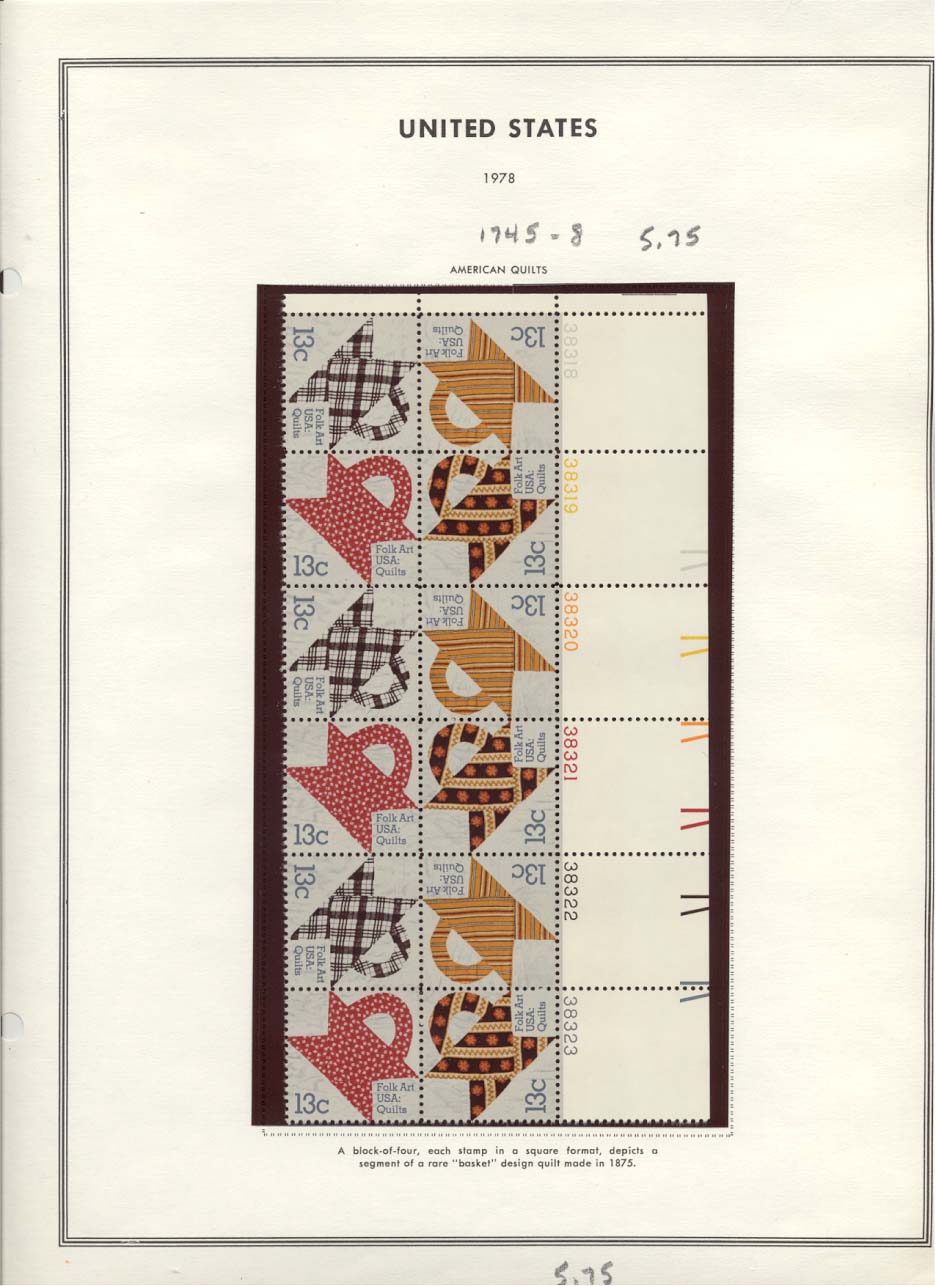 Stamp Plate Block Scott #1745-1748 American Quilts