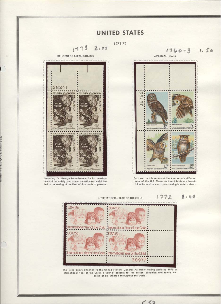 Stamp Plate Block Scott #1773 Dr. George Papanicolaou, 1760-1763 American Owls, 1772 International Year Of The Child