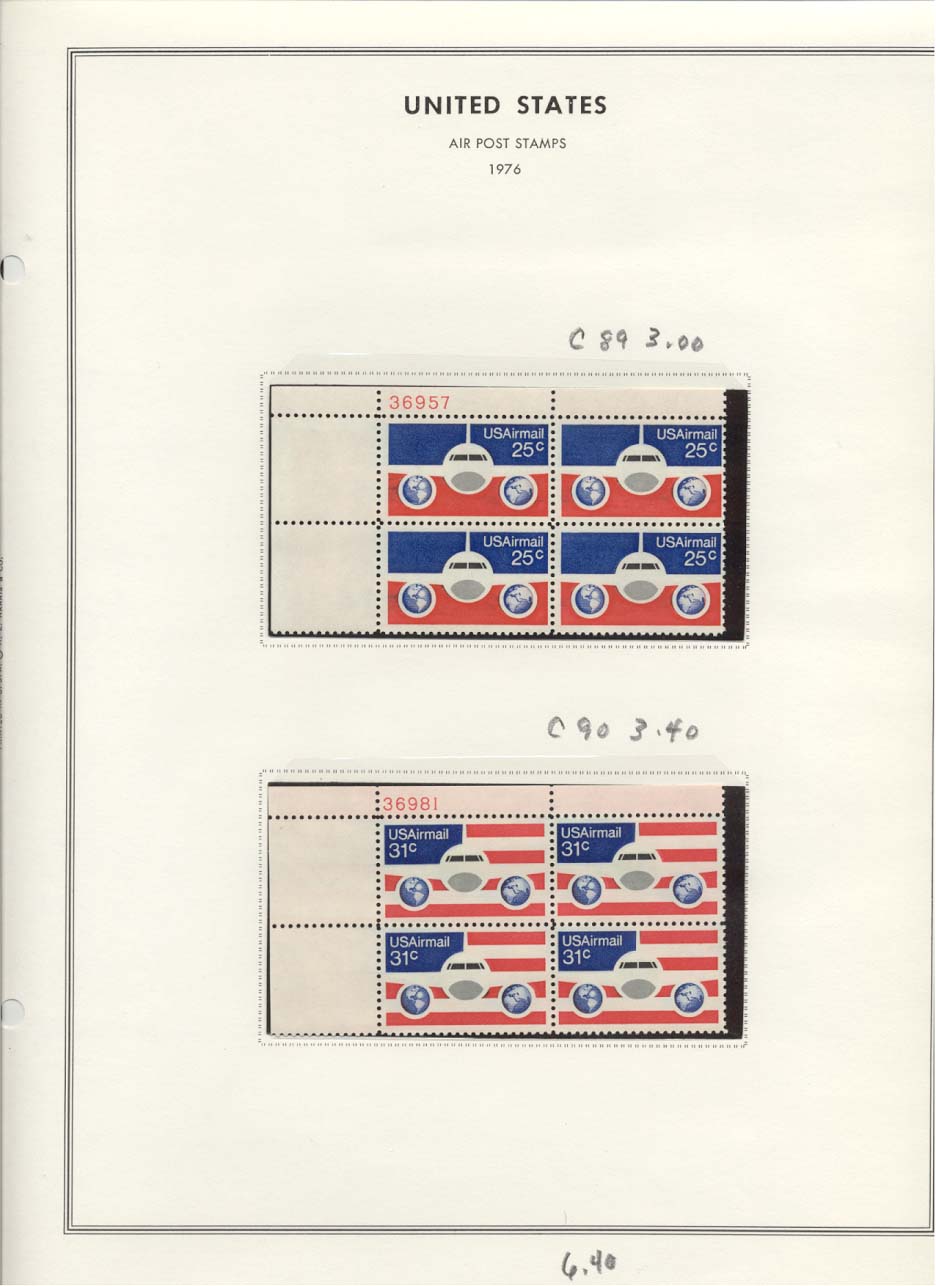 Stamp Plate Block Scott # C89 & C90 Air Post Air Mail Stamps