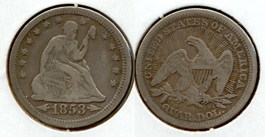 1853 Seated Liberty Quarter Fine-12 b 3 over 4 variety