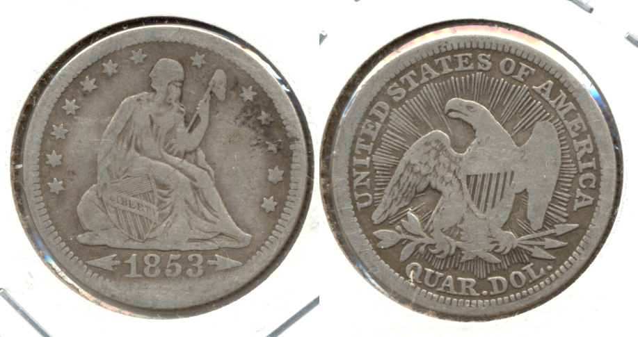 1853 Seated Liberty Quarter Fine-12 c Slight Warp