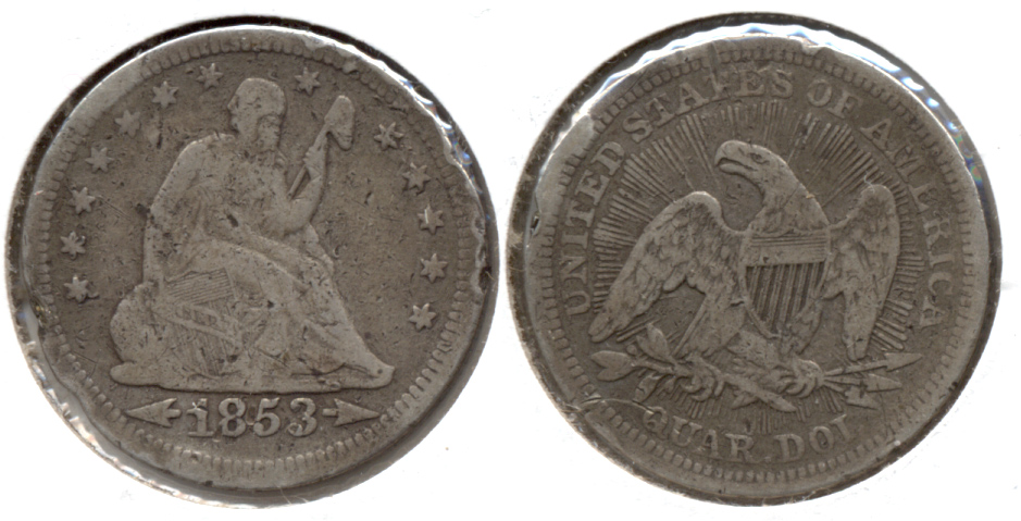 1853 Seated Liberty Quarter Fine-12 d Damaged