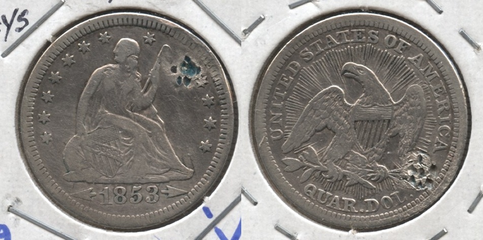 1853 Seated Liberty Quarter Fine-12 #e Attempted Hole