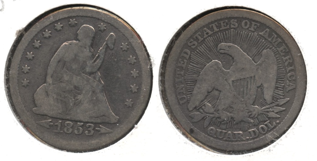 1853 Seated Liberty Quarter Good-4 #h Old Cleaning