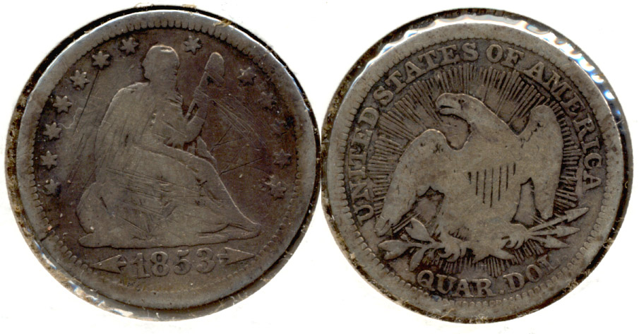 1853 Seated Liberty Quarter Good-6 Obverse Scratch