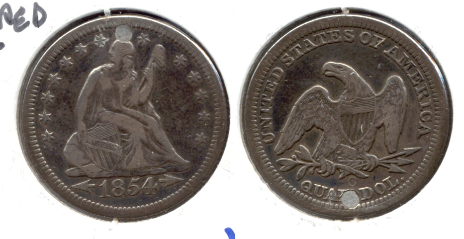 1854-O Seated Liberty Quarter VF-20 Plugged