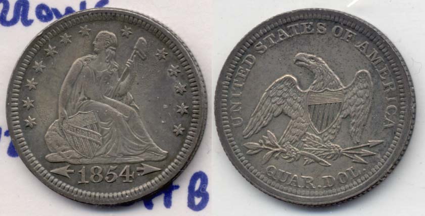 1854 Seated Liberty Quarter AU-55 Cleaned