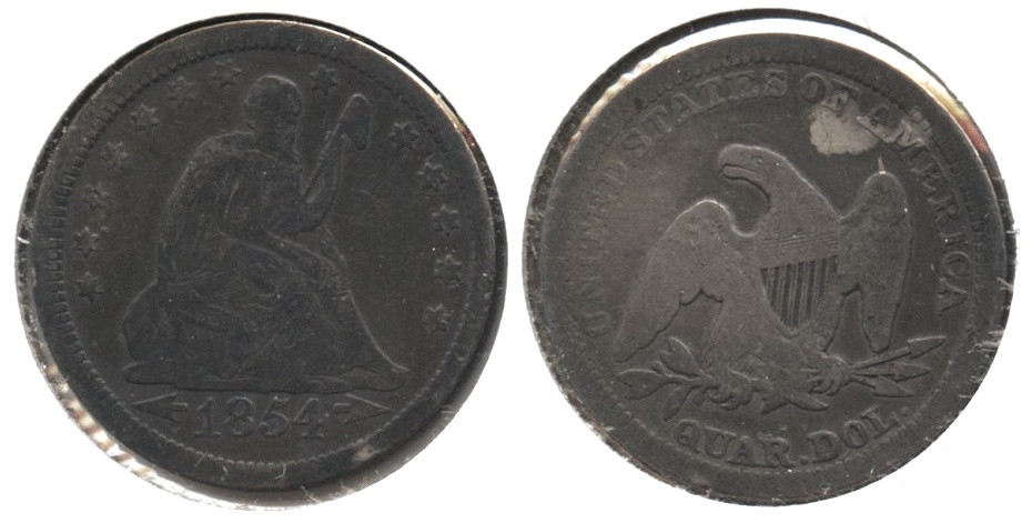 1854 Seated Liberty Quarter VG-8 #d Toned